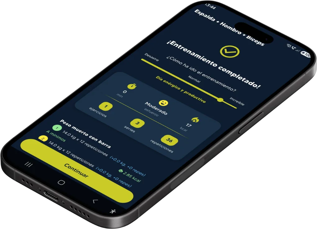 Móvil con la pantalla de entrenamiento completado de MrFit
