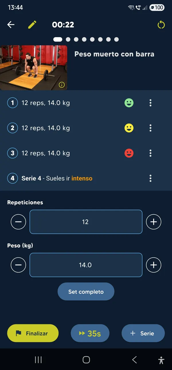 Registro de series durante el entrenamiento
