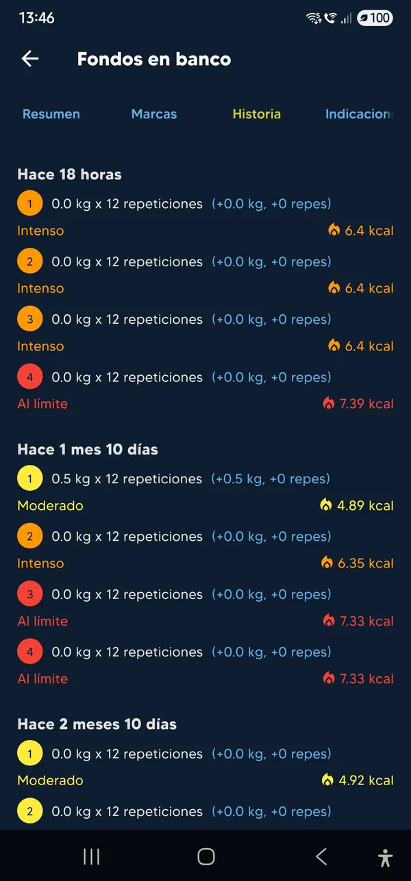 Historial de series de un ejercicio