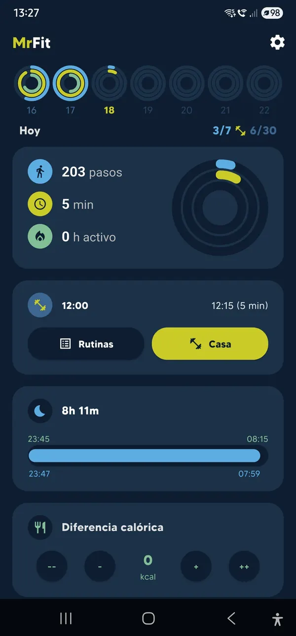 Pantalla de inicio de MrFit