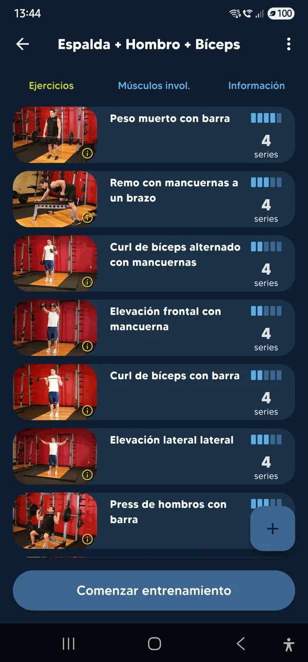 Listado de ejercicios de una sesión